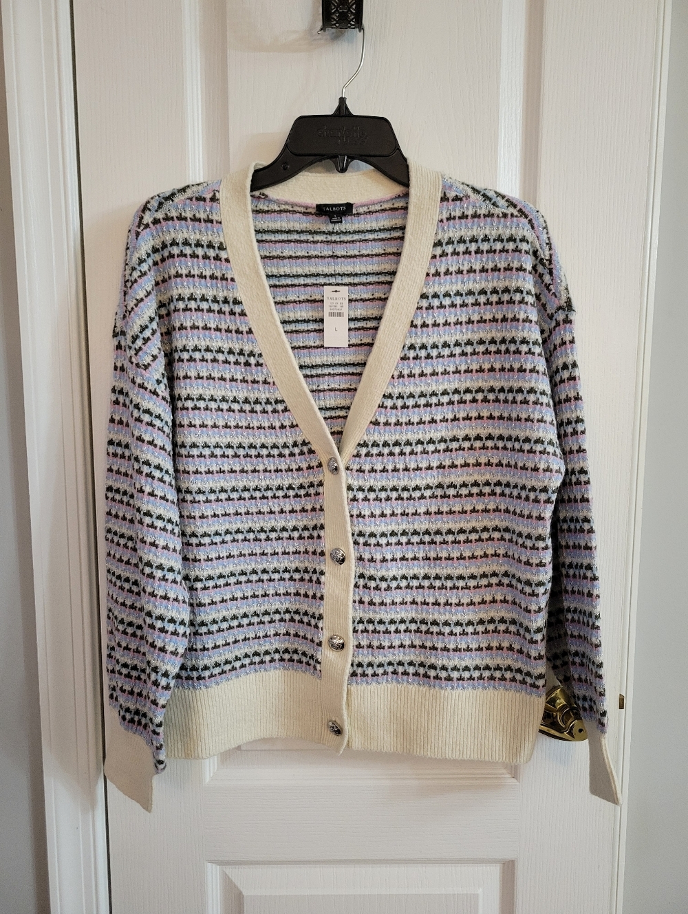 NWT Talbots Breezy Stripe Metallic V-Neck Cardigan Sweater Size Large Ivory Blue